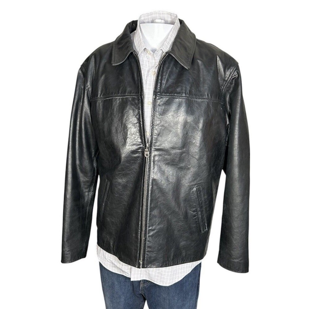 MERONA Classic Men's Black Leather Jacket Size L Large 48 Chest Lined Zip
